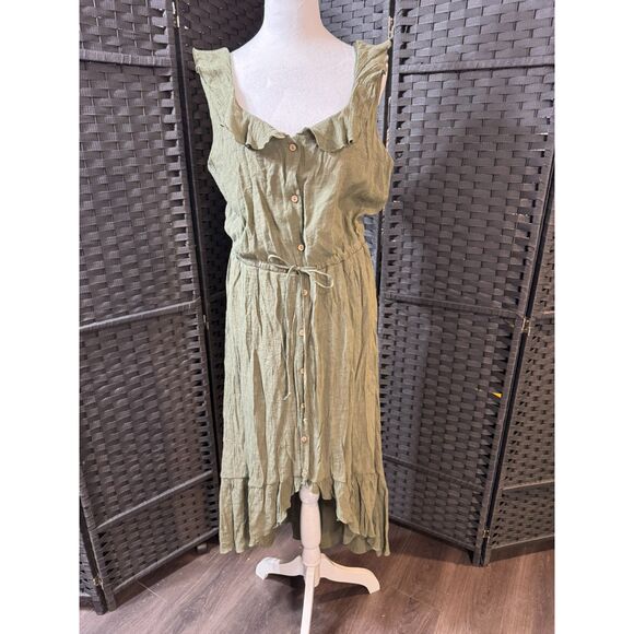 Luxology Dresses & Skirts - Luxology Olive Green Ruffle‑Neck Maxi Dress – Size L – Boho Button‑Front